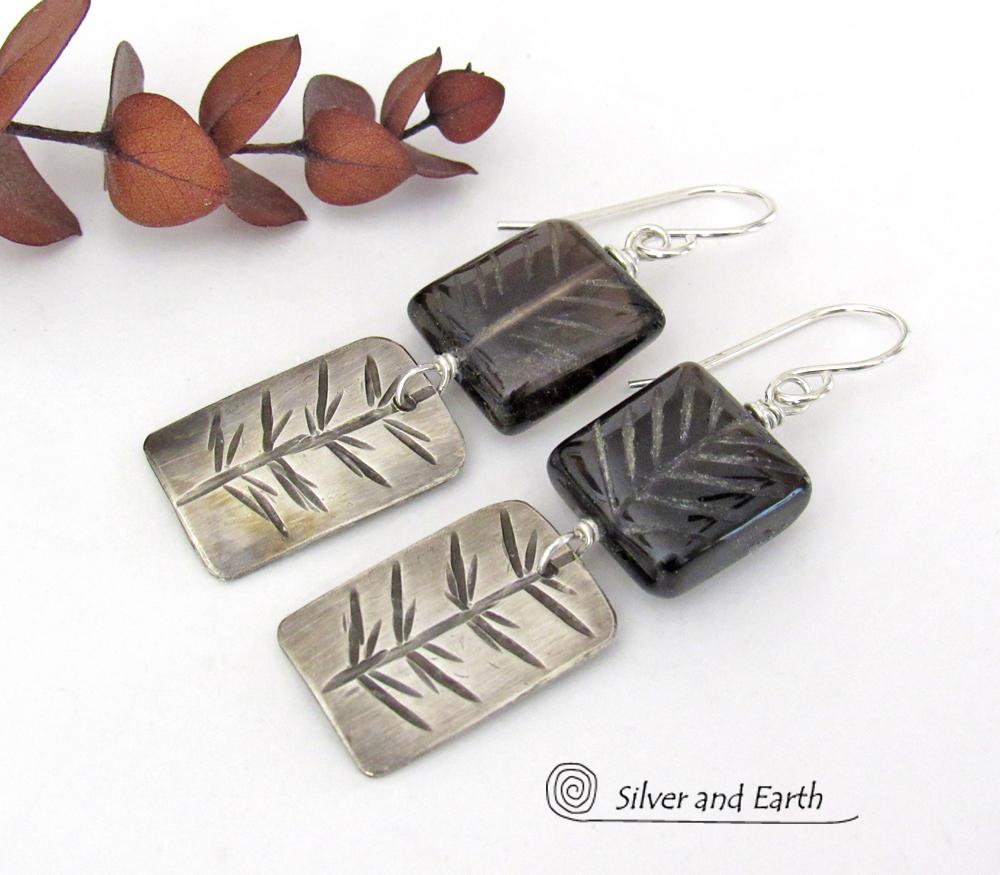 Brown Smoky Quartz Sterling Silver Earrings with Hand Stamped Twig Design - Earthy Nature Jewelry Gifts