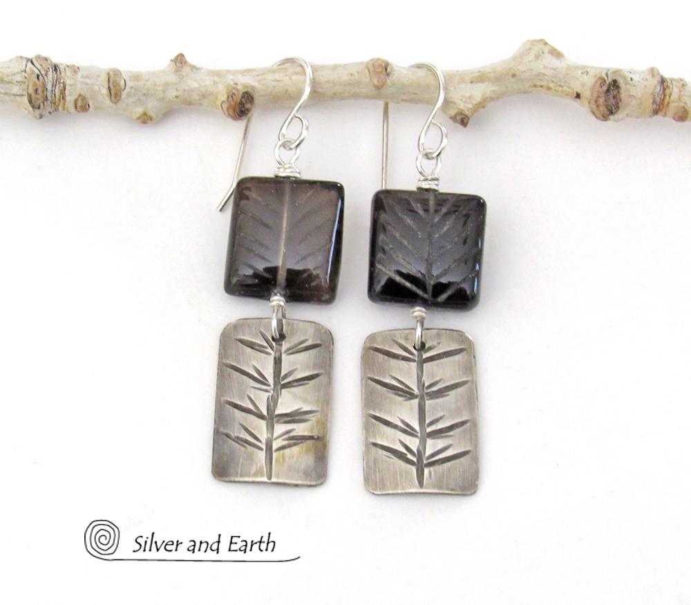Brown Smoky Quartz Sterling Silver Earrings with Hand Stamped Twig Design - Earthy Nature Jewelry Gifts