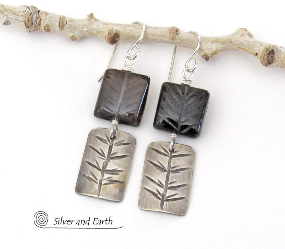 Brown Smoky Quartz Sterling Silver Earrings with Hand Stamped Twig Design - Earthy Nature Jewelry Gifts
