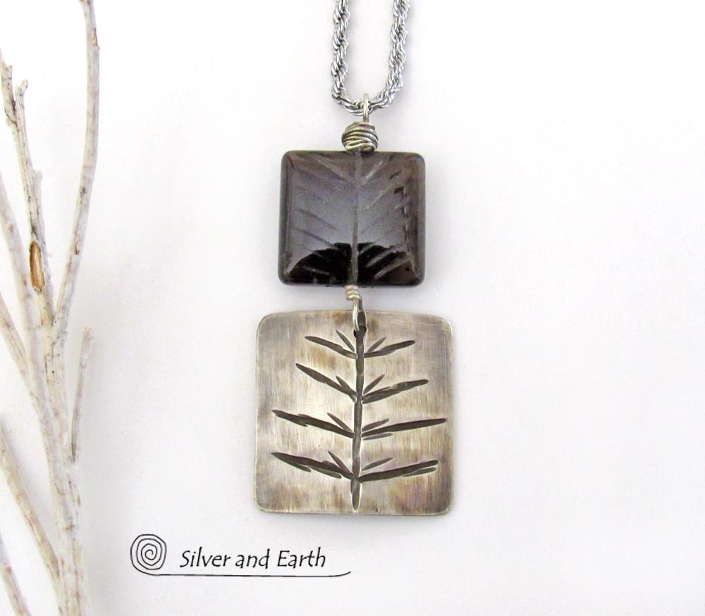 Smoky Quartz Sterling Silver Pendant Necklace with Hand Stamped Twig Pattern - Earthy Nature Jewelry