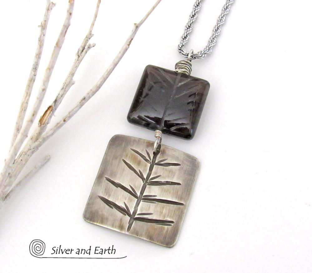 Smoky Quartz Sterling Silver Pendant Necklace with Hand Stamped Twig Pattern - Earthy Nature Jewelry