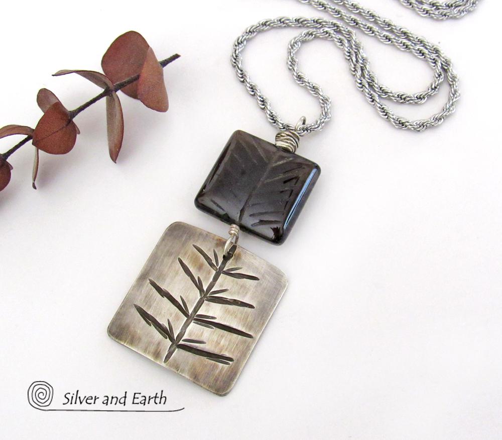 Smoky Quartz Sterling Silver Pendant Necklace with Hand Stamped Twig Pattern - Earthy Nature Jewelry