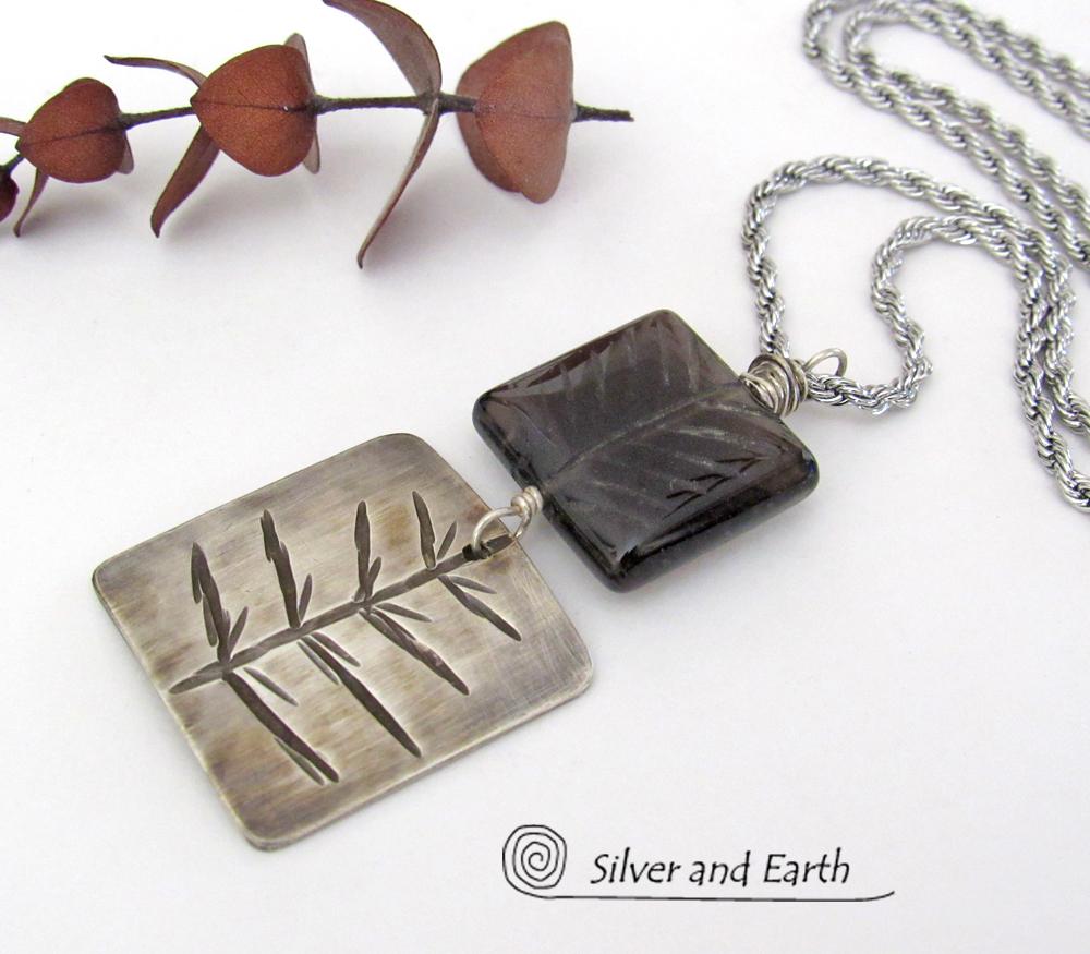 Smoky Quartz Sterling Silver Pendant Necklace with Hand Stamped Twig Pattern - Earthy Nature Jewelry