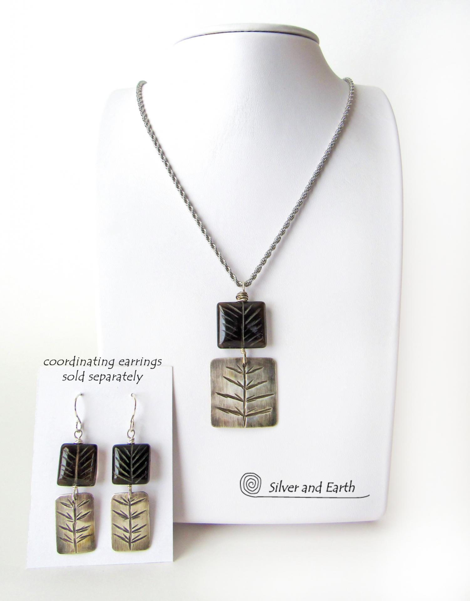 Smoky Quartz Sterling Silver Pendant Necklace with Hand Stamped Twig Pattern - Earthy Nature Jewelry