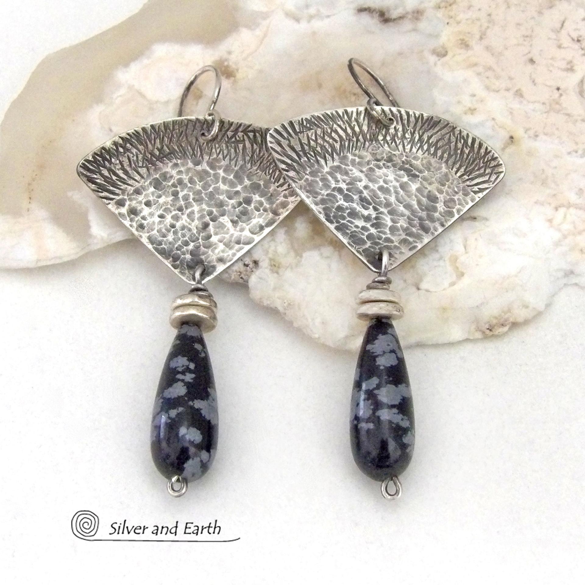Modern Sterling Silver Earrings with Natural Snowflake Obsidian Gemstone Dangles 