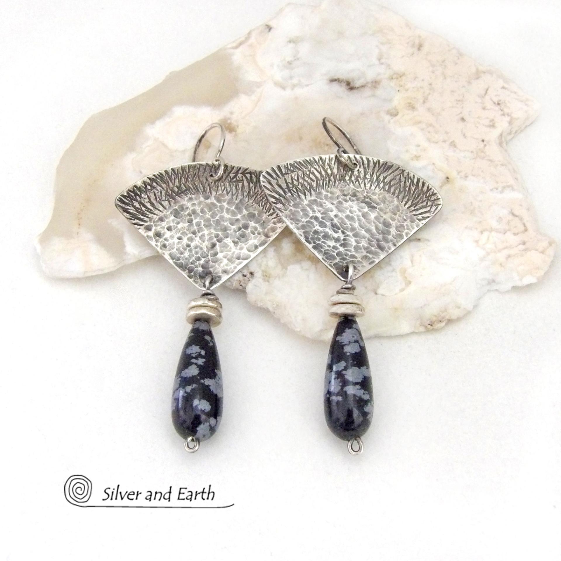 Modern Sterling Silver Earrings with Natural Black Snowflake Obsidian Gemstone Dangles 