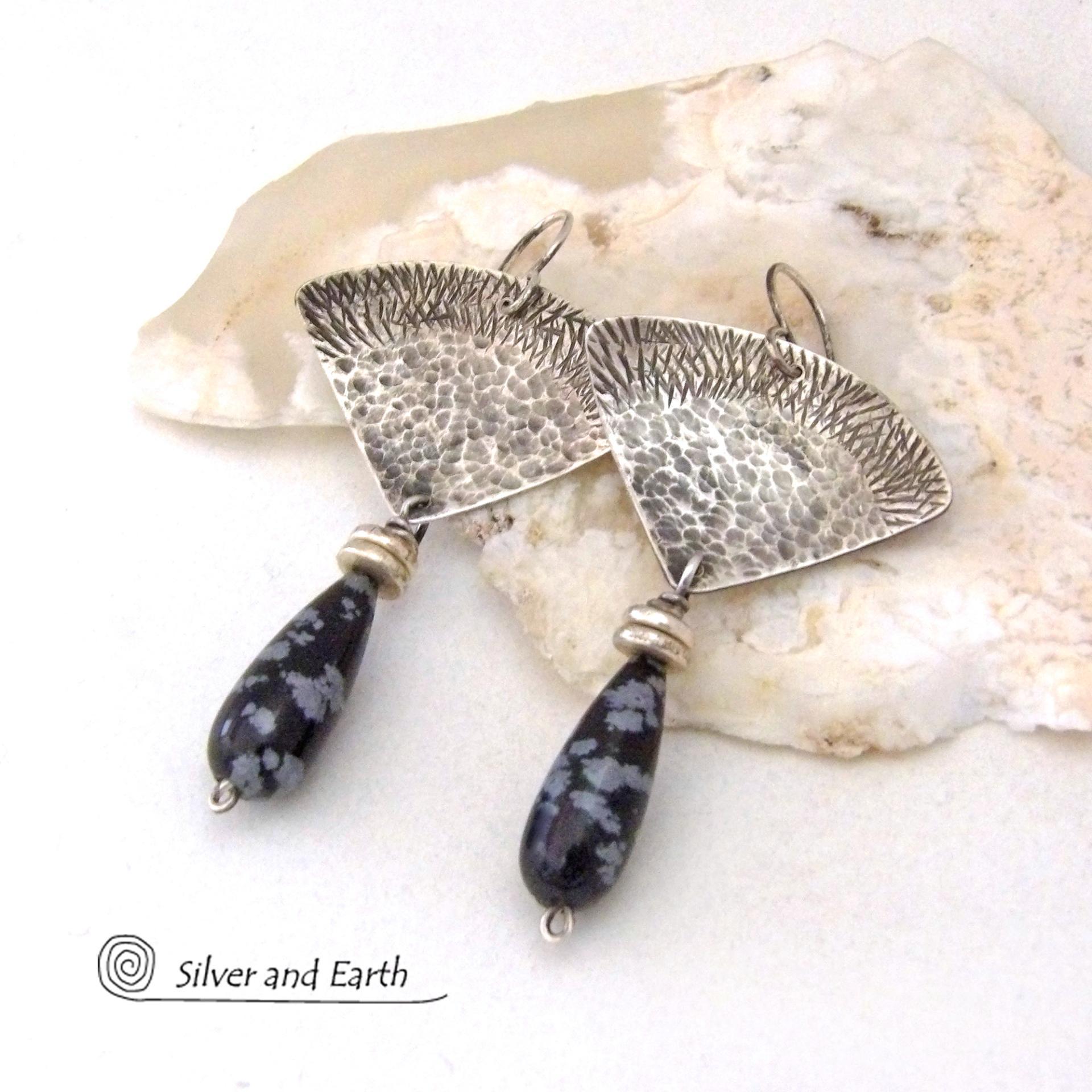 Modern Sterling Silver Earrings with Natural Black Snowflake Obsidian Gemstone Dangles 