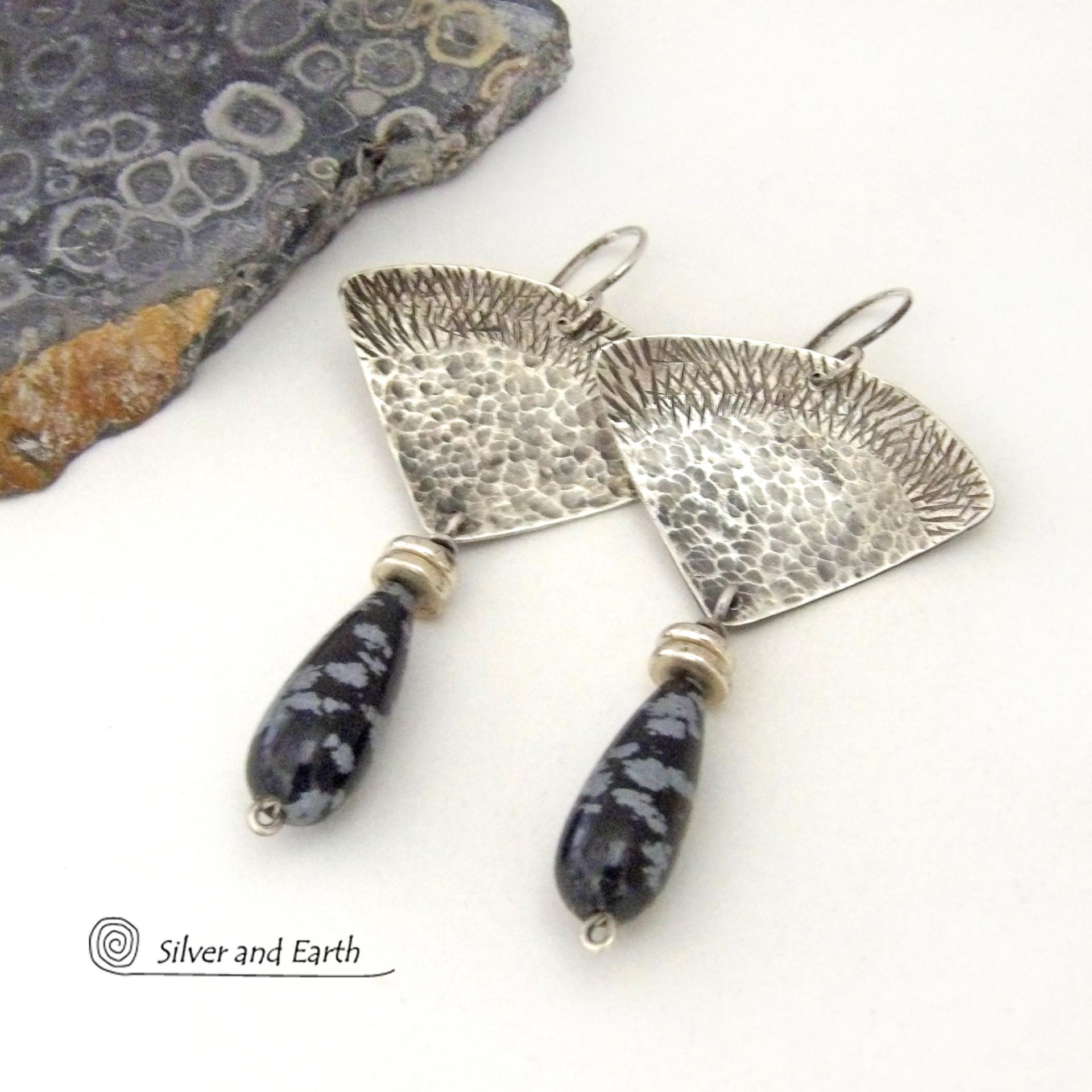 Modern Sterling Silver Earrings with Natural Black Snowflake Obsidian Gemstone Dangles 