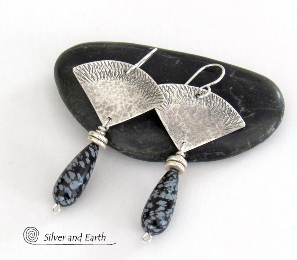 Modern Sterling Silver Earrings with Natural Snowflake Obsidian Gemstone Dangles 