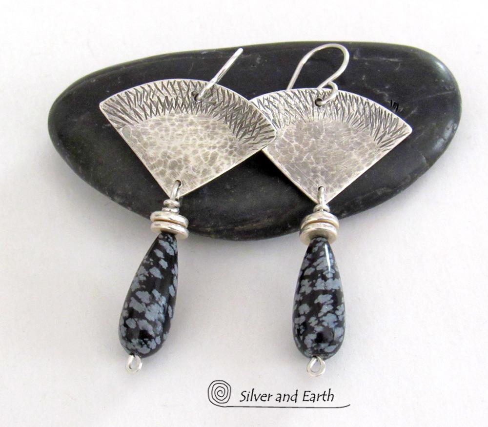 Modern Sterling Silver Earrings with Natural Snowflake Obsidian Gemstone Dangles 