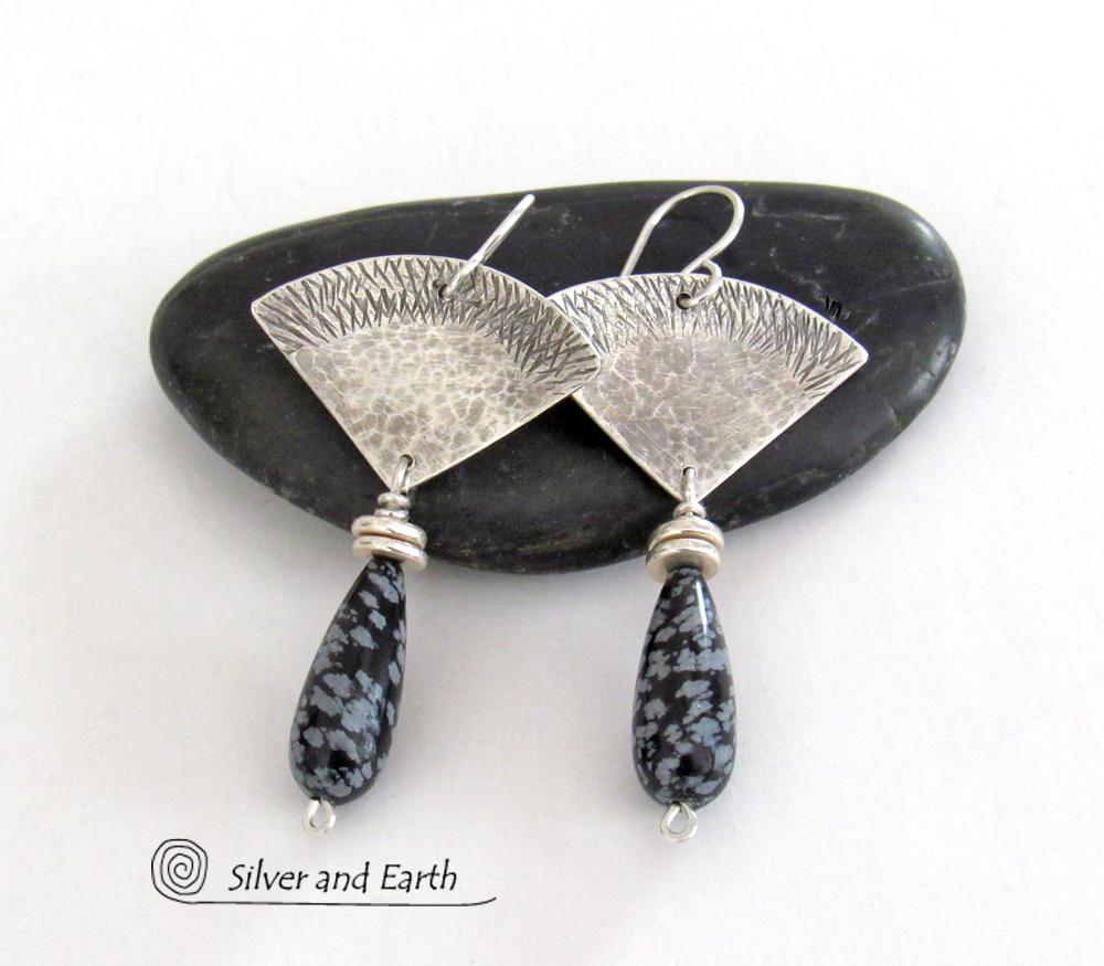 Modern Sterling Silver Earrings with Natural Snowflake Obsidian Gemstone Dangles 