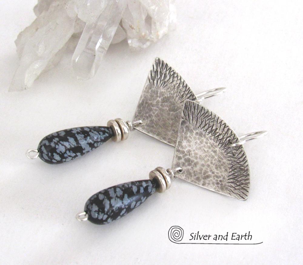 Modern Sterling Silver Earrings with Natural Snowflake Obsidian Gemstone Dangles 