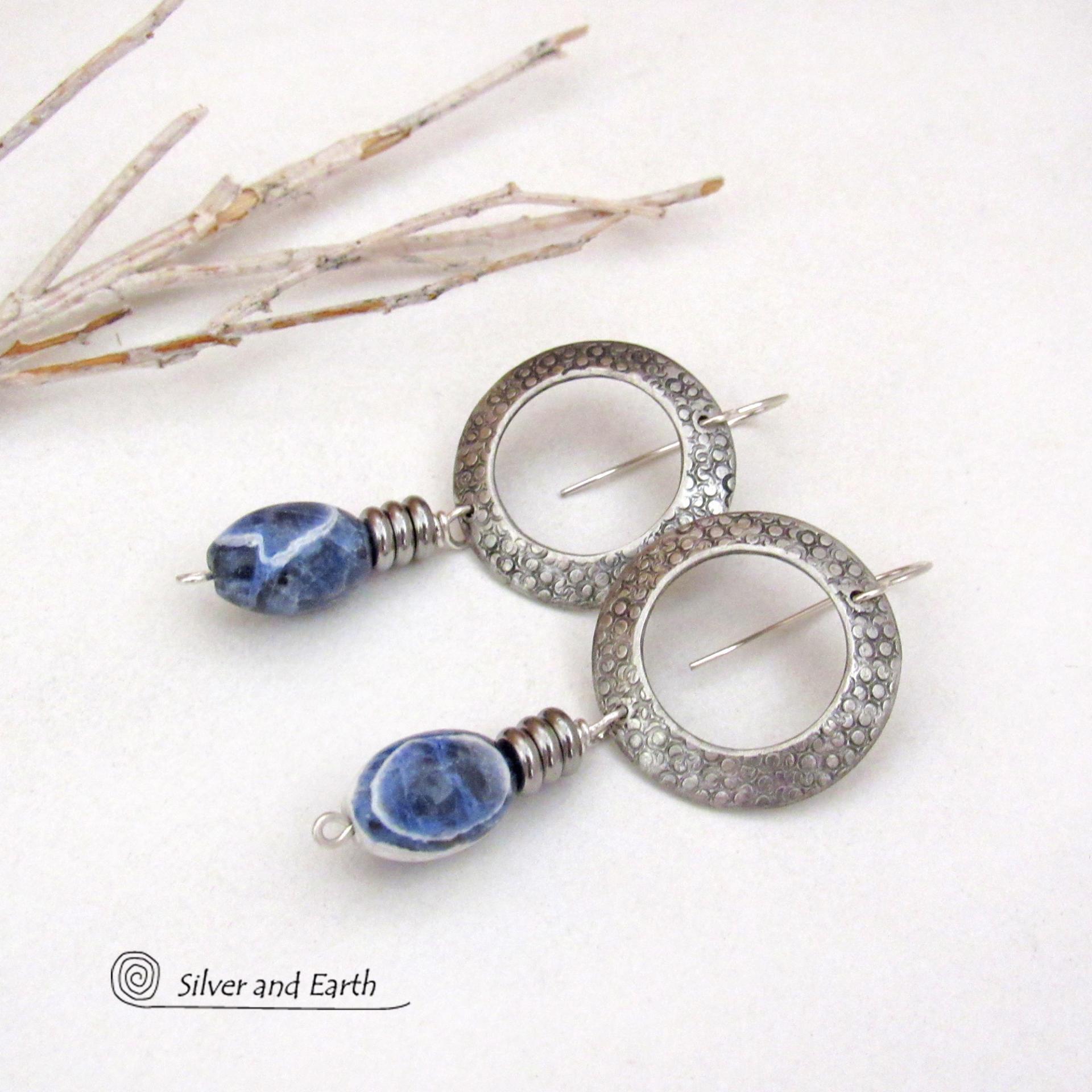 Silver Pewter Circle Hoop Earrings with Blue Sodalite Dangles - Artisan Handcrafted Modern Natural Gemstone Jewelry