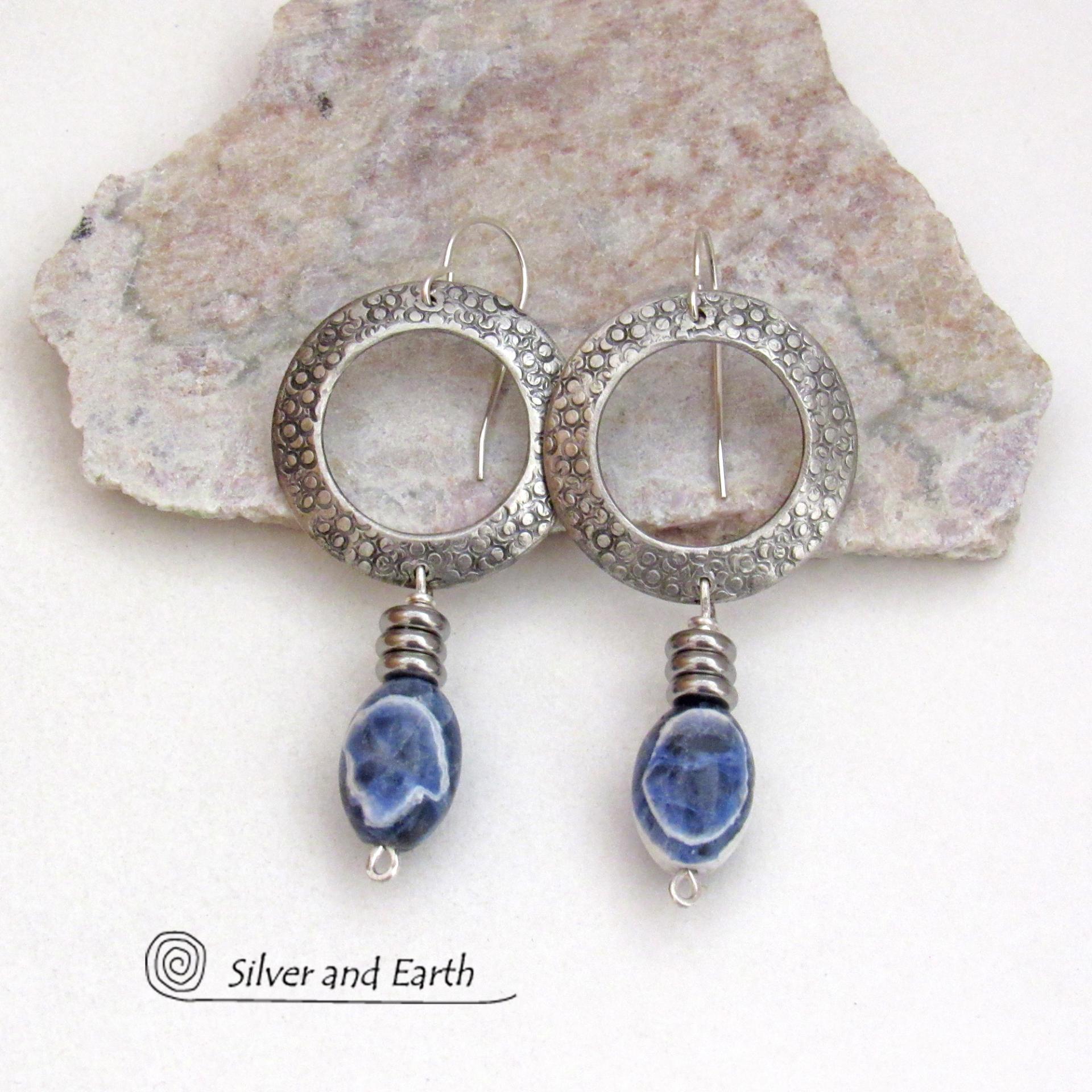 Silver Pewter Circle Hoop Earrings with Blue Sodalite Dangles - Artisan Handcrafted Modern Natural Gemstone Jewelry