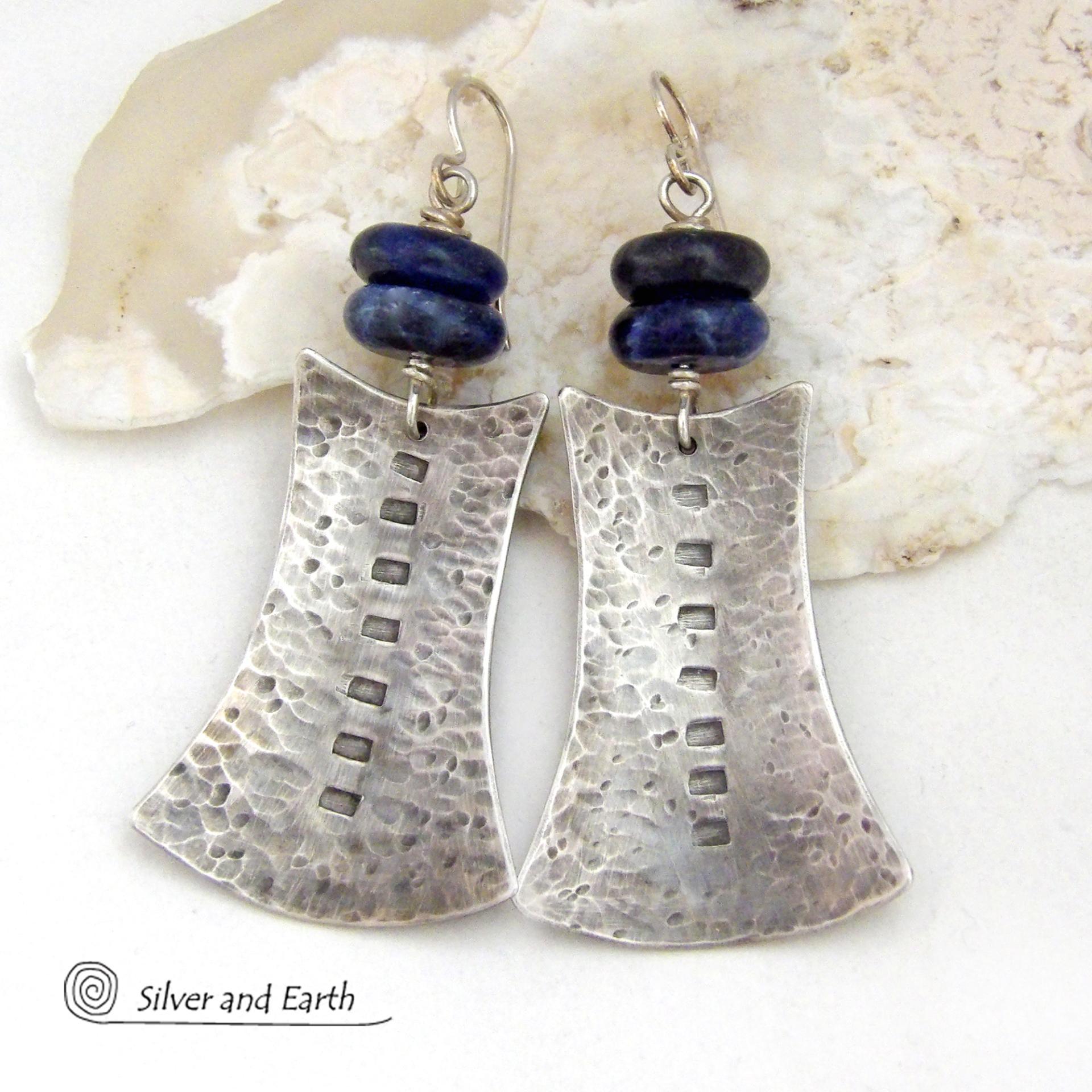 Textured Sterling Silver Earrings with Blue Sodalite Gemstones - Bold Tribal Style Jewelry