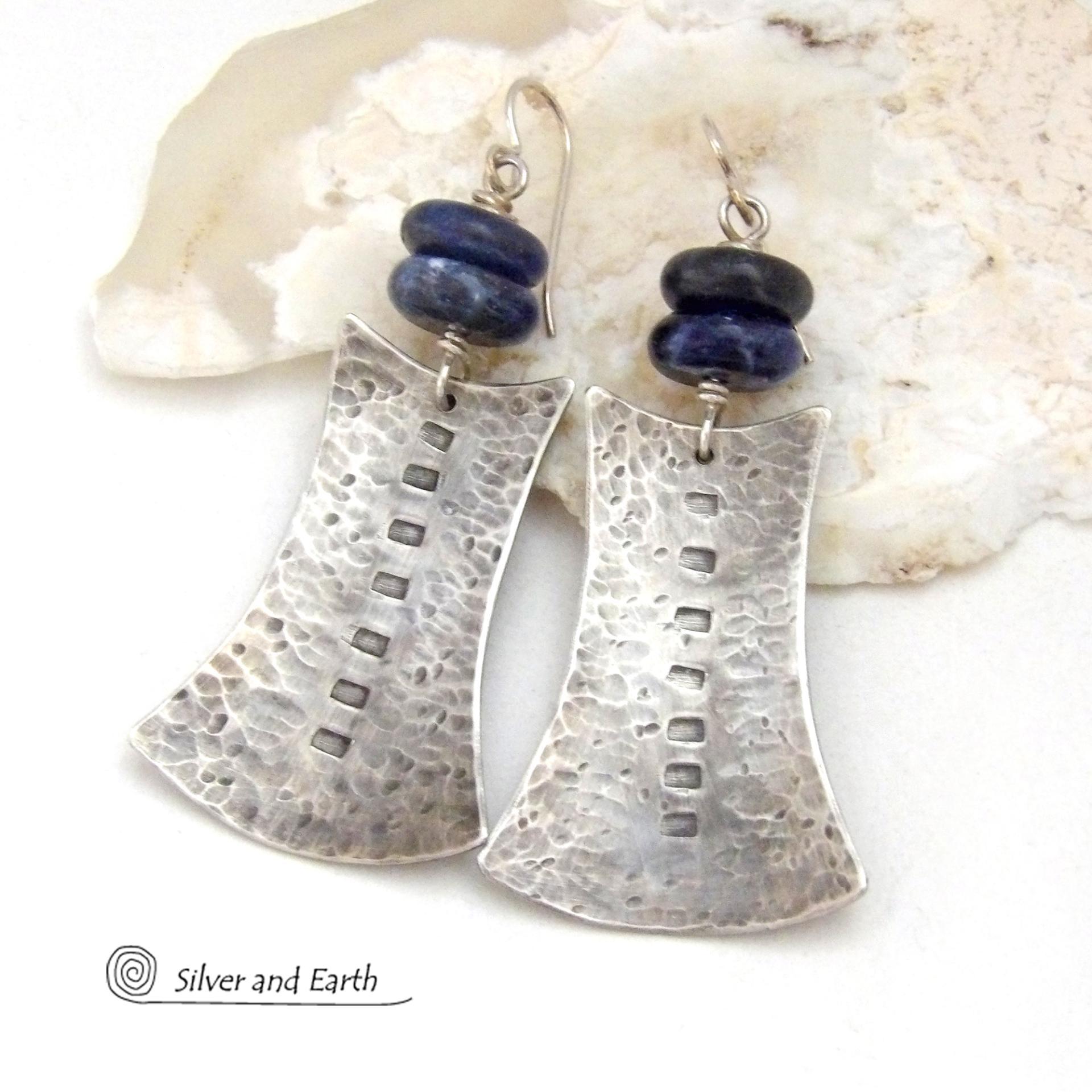 Textured Sterling Silver Earrings with Blue Sodalite Gemstones - Bold Tribal Style Jewelry