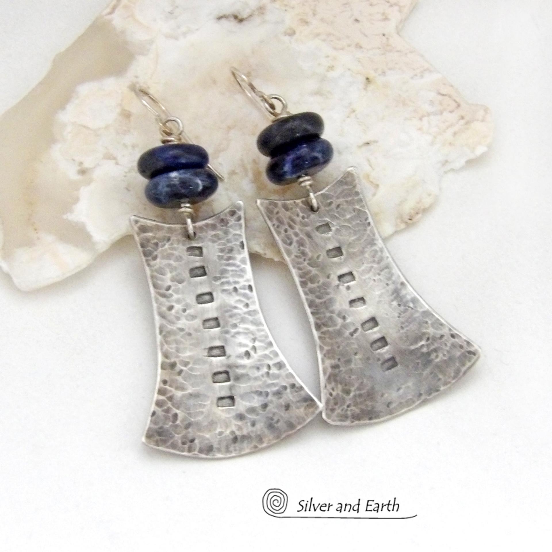 Textured Sterling Silver Earrings with Blue Sodalite Gemstones - Bold Tribal Style Jewelry