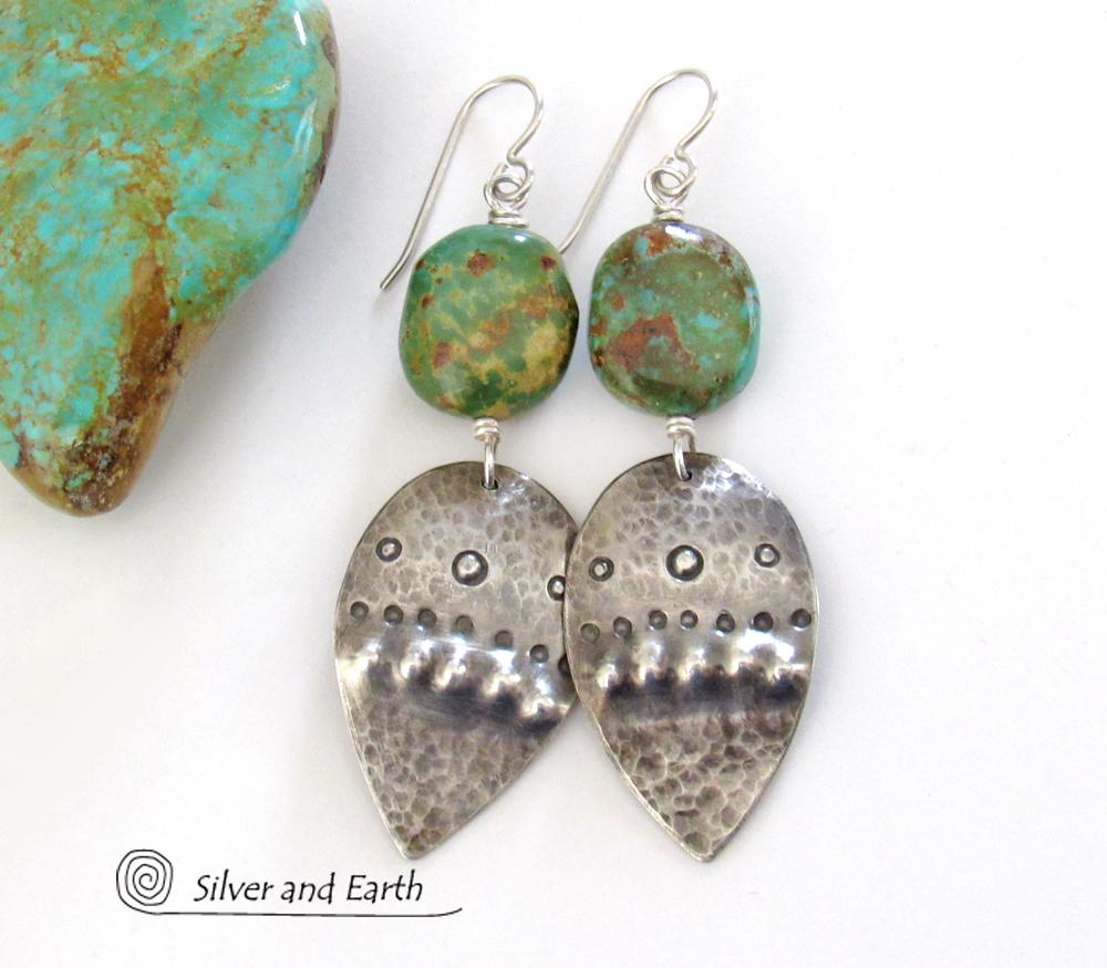 Sterling Silver Earrings with Natural Turquoise Stones - Tribal Southwestern Style Jewelry