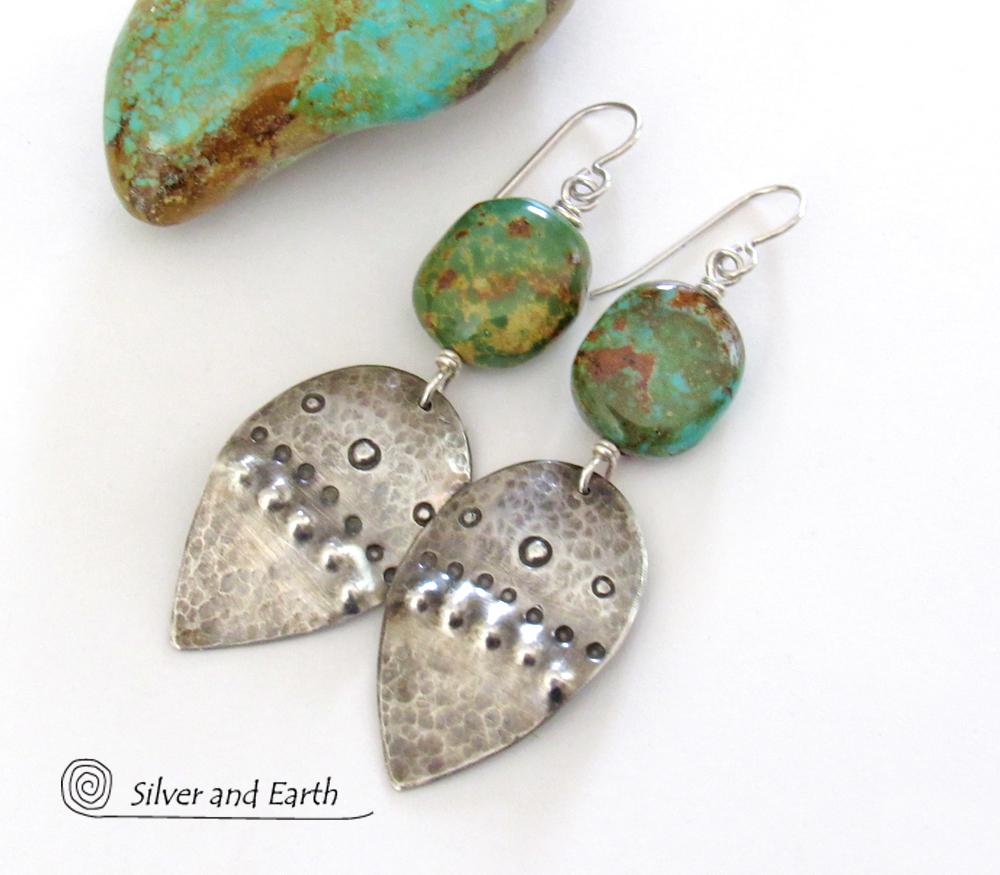 Sterling Silver Earrings with Natural Turquoise Stones - Tribal Southwestern Style Jewelry