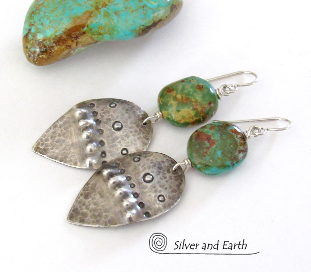 Sterling Silver Earrings with Natural Turquoise Stones - Tribal Southwestern Style Jewelry