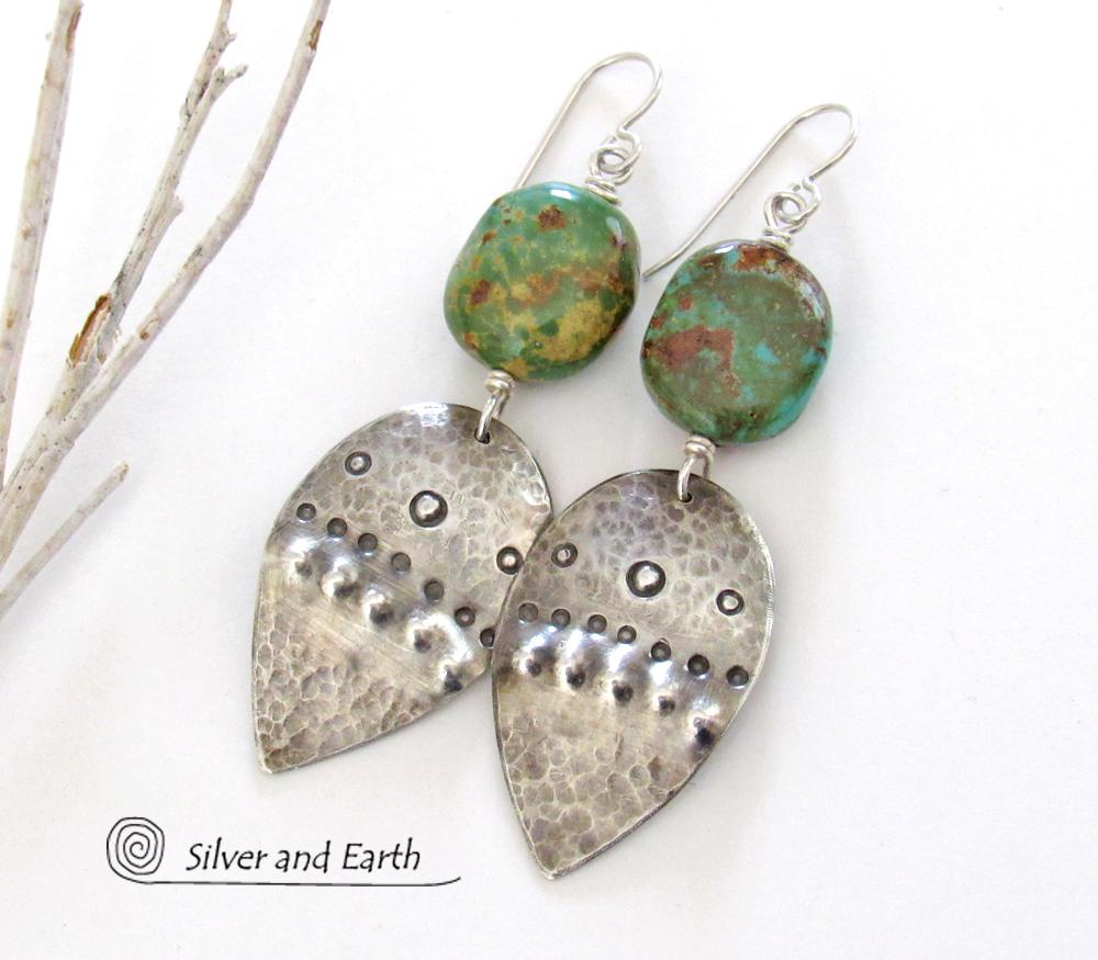 Sterling Silver Earrings with Natural Turquoise Stones - Tribal Southwestern Style Jewelry