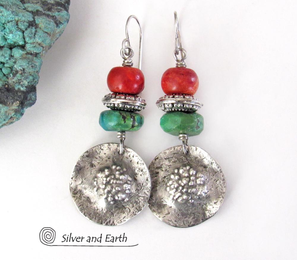 Sterling Silver Turquoise and Red Coral Earrings - Boho Chic Southwest Style Jewelry
