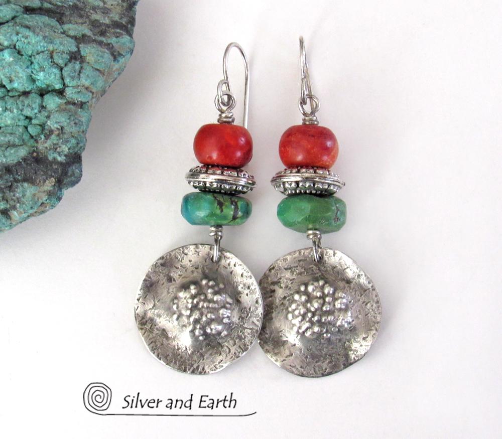 Sterling Silver Turquoise and Red Coral Earrings - Boho Chic Southwest Style Jewelry