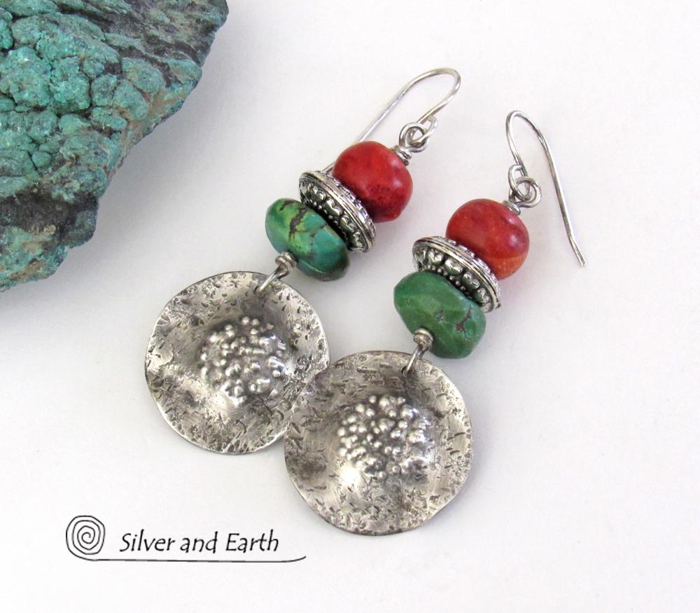 Sterling Silver Turquoise and Red Coral Earrings - Boho Chic Southwest Style Jewelry