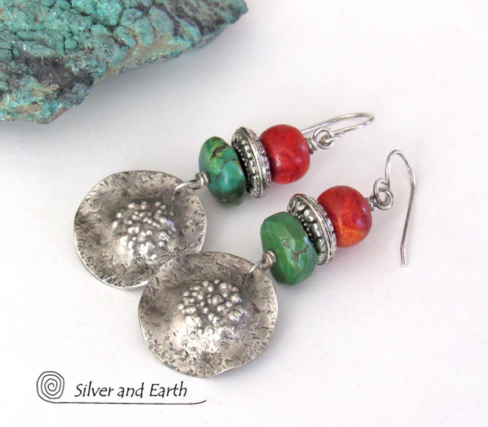 Sterling Silver Turquoise and Red Coral Earrings - Boho Chic Southwest Style Jewelry