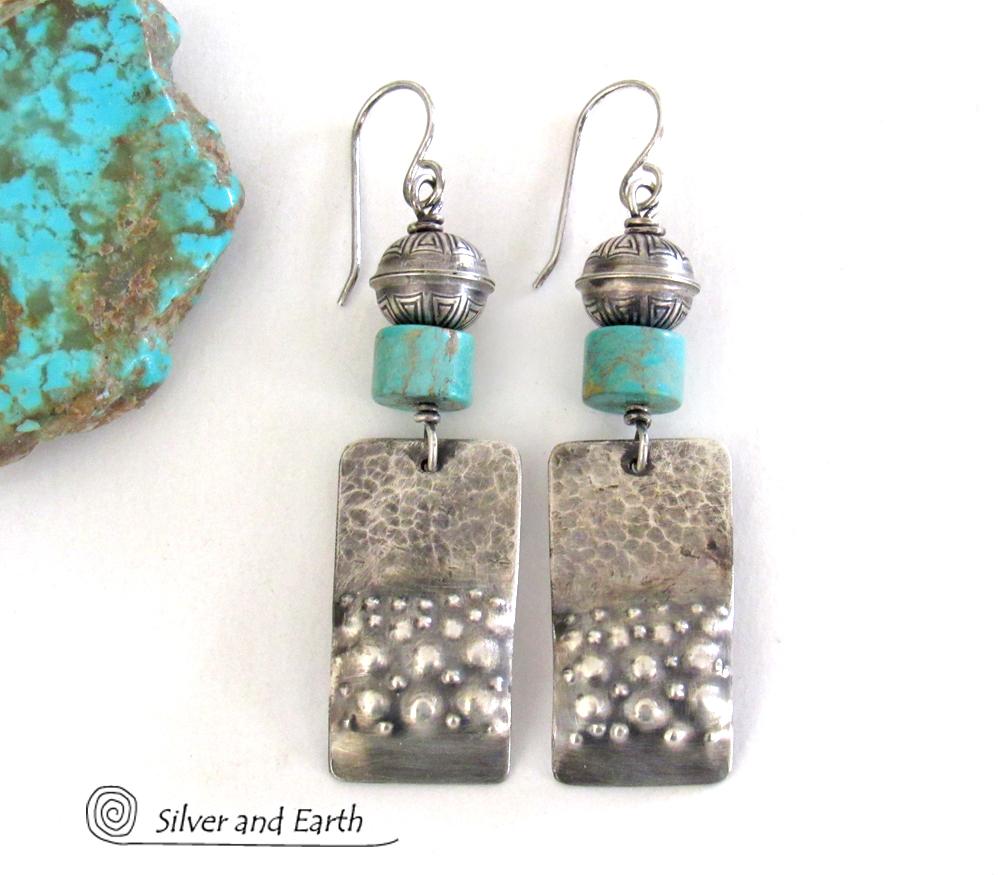 Sterling Silver Tribal Earrings with Turquoise - Modern Southwest Jewelry