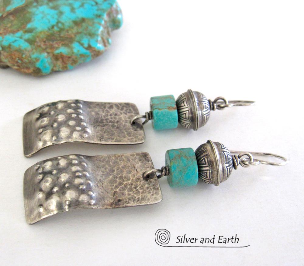 Sterling Silver Tribal Earrings with Turquoise - Modern Southwest Jewelry