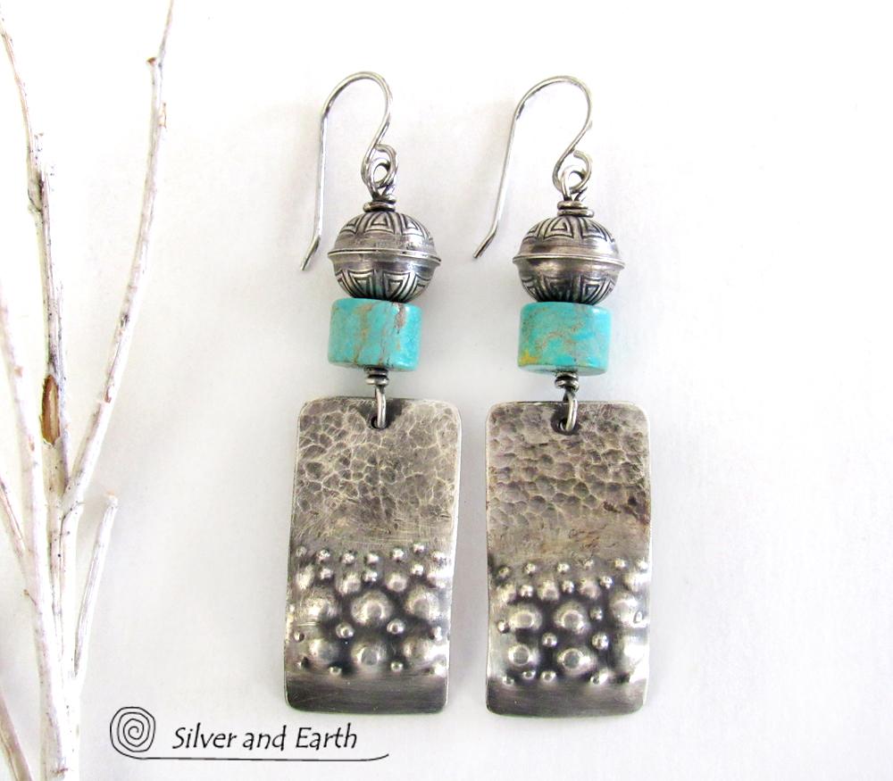 Sterling Silver Tribal Earrings with Turquoise - Modern Southwest Jewelry