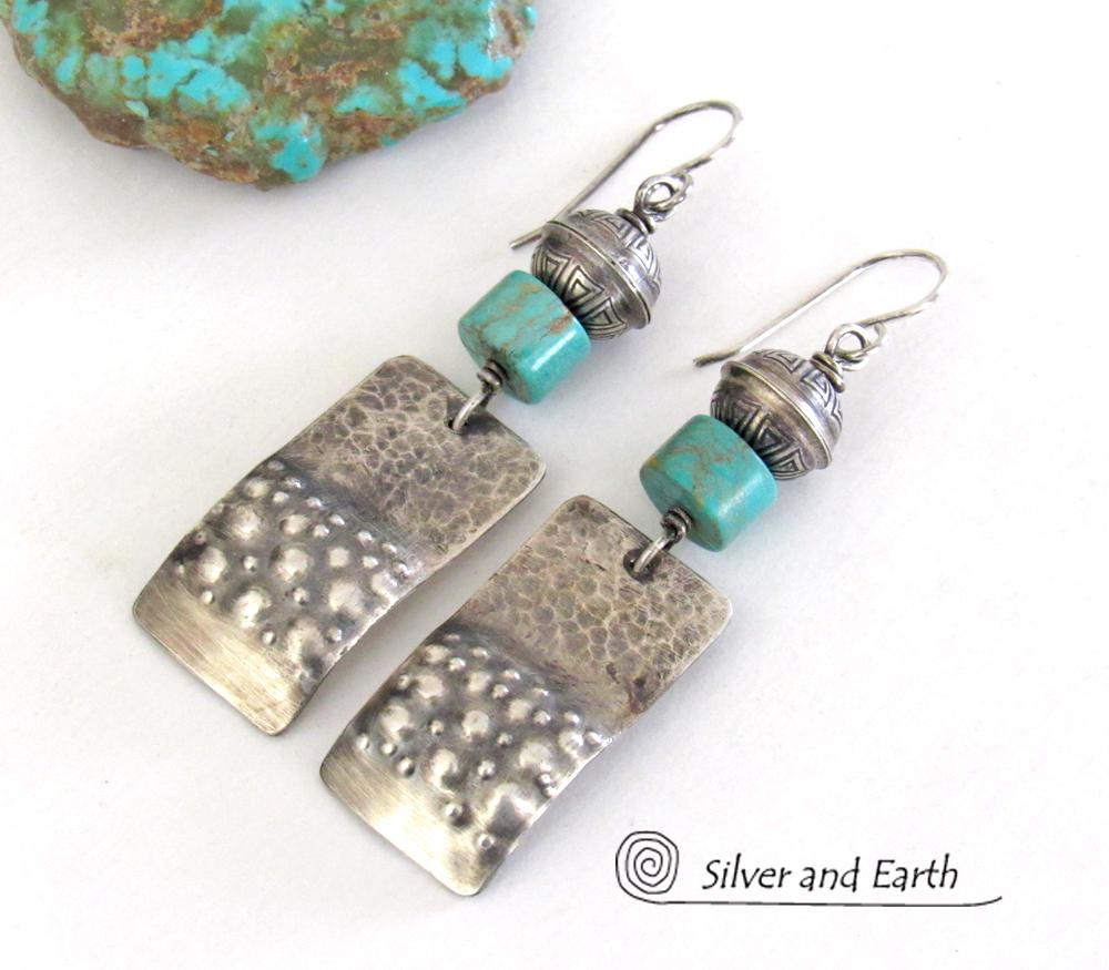 Sterling Silver Tribal Earrings with Turquoise - Modern Southwest Jewelry