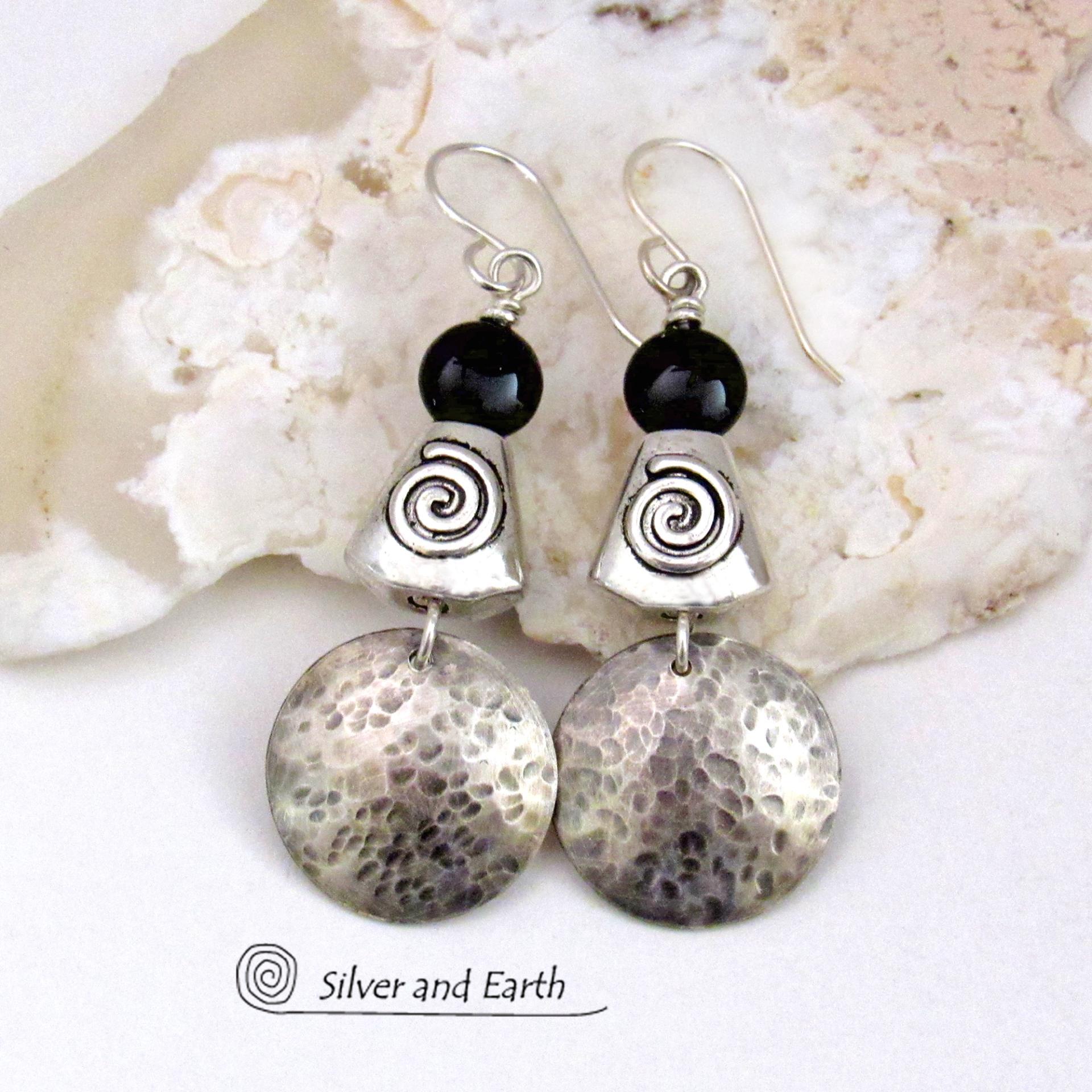 Hammered Sterling Silver Earrings with Spiral Beads & Black Onyx Stones