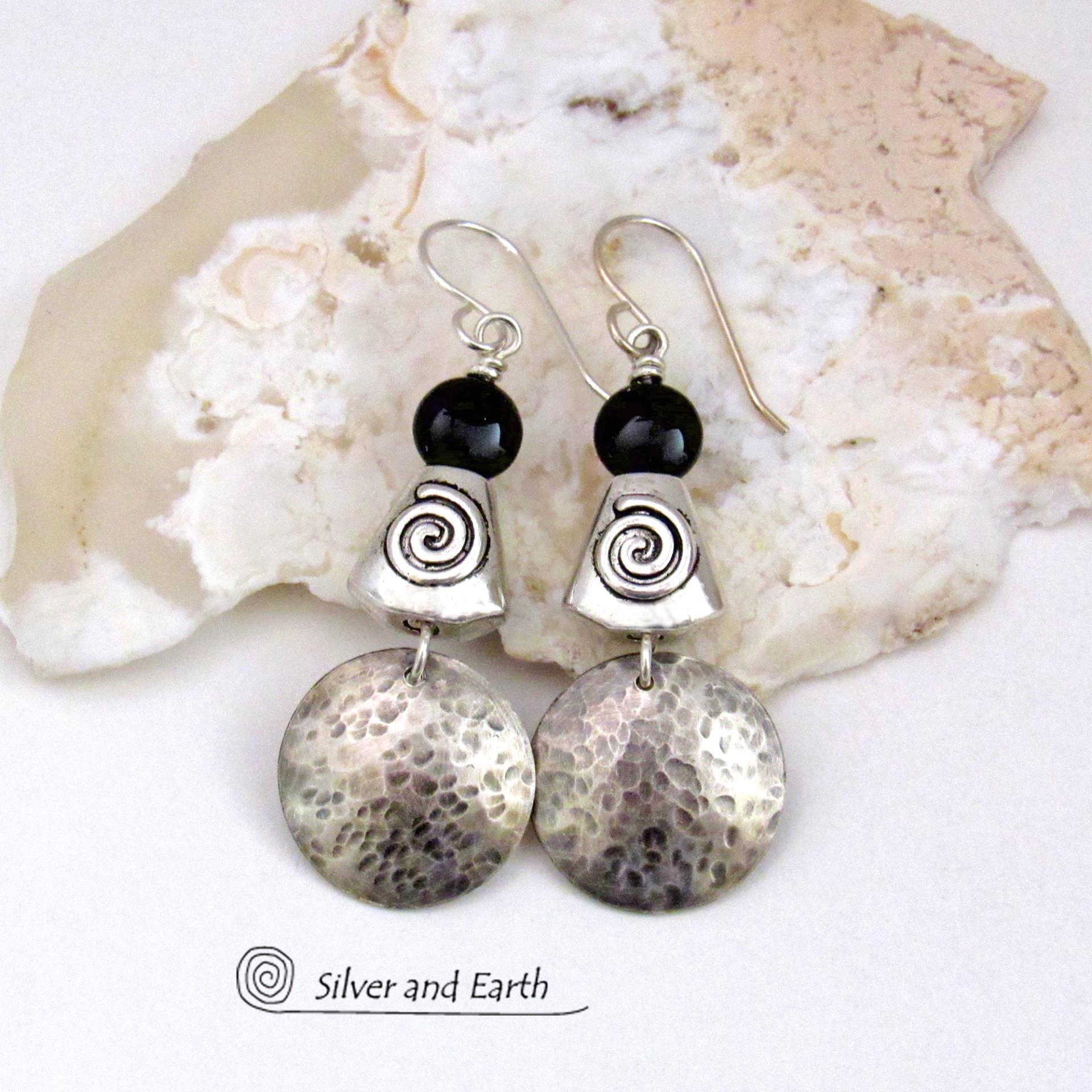 Hammered Sterling Silver Earrings with Spiral Beads & Black Onyx Stones