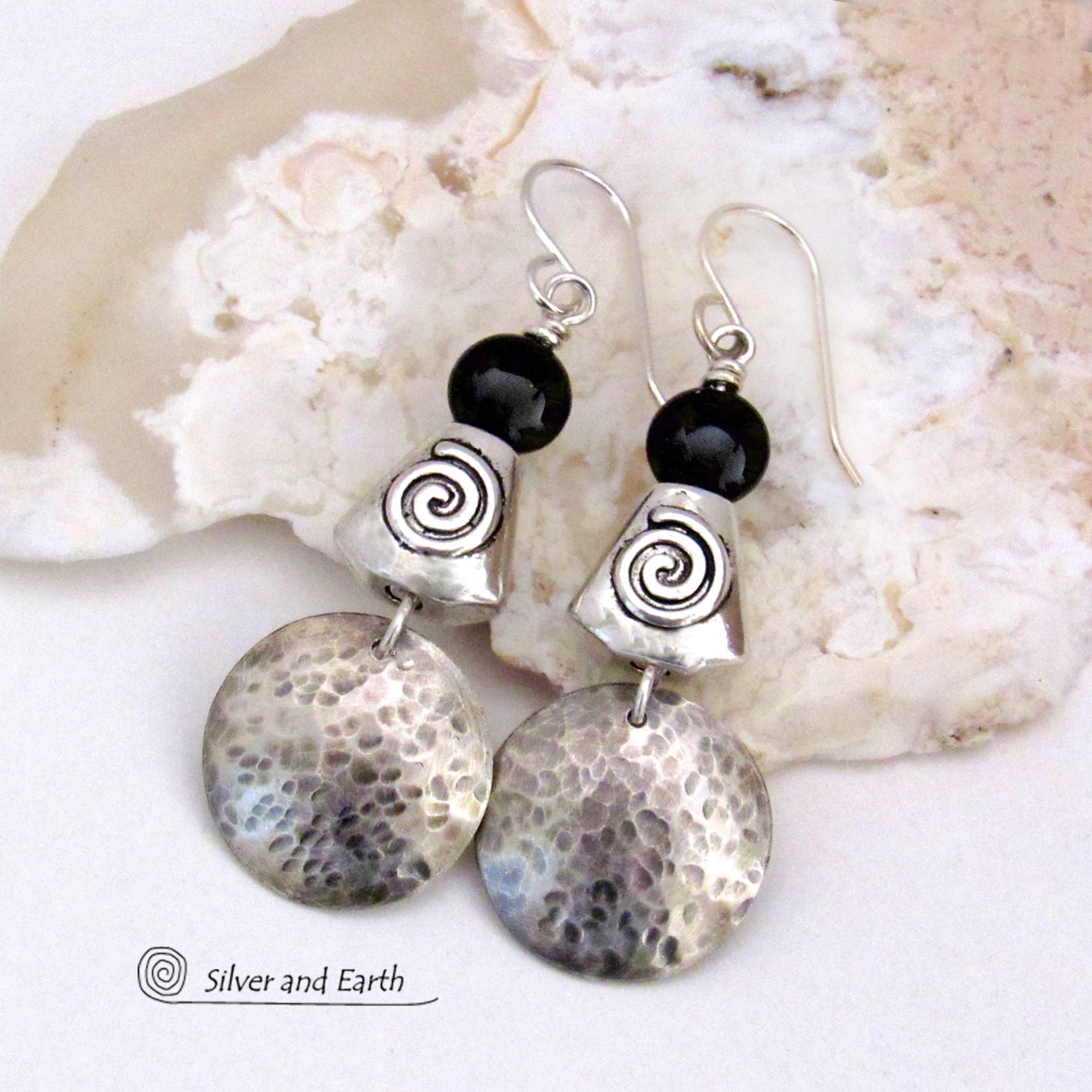 Hammered Sterling Silver Earrings with Spiral Beads & Black Onyx Stones