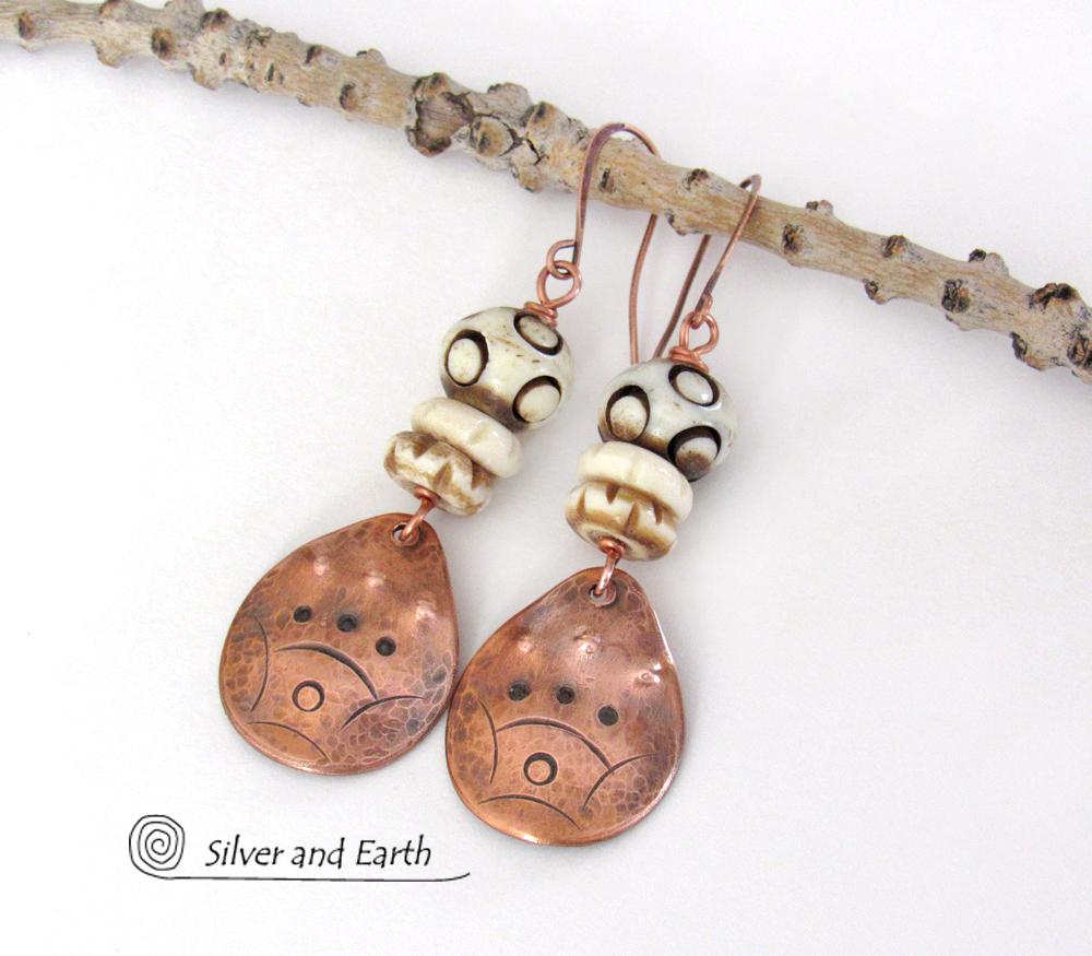 Copper Boho Earrings with Carved Bone - African Tribal Jewelry
