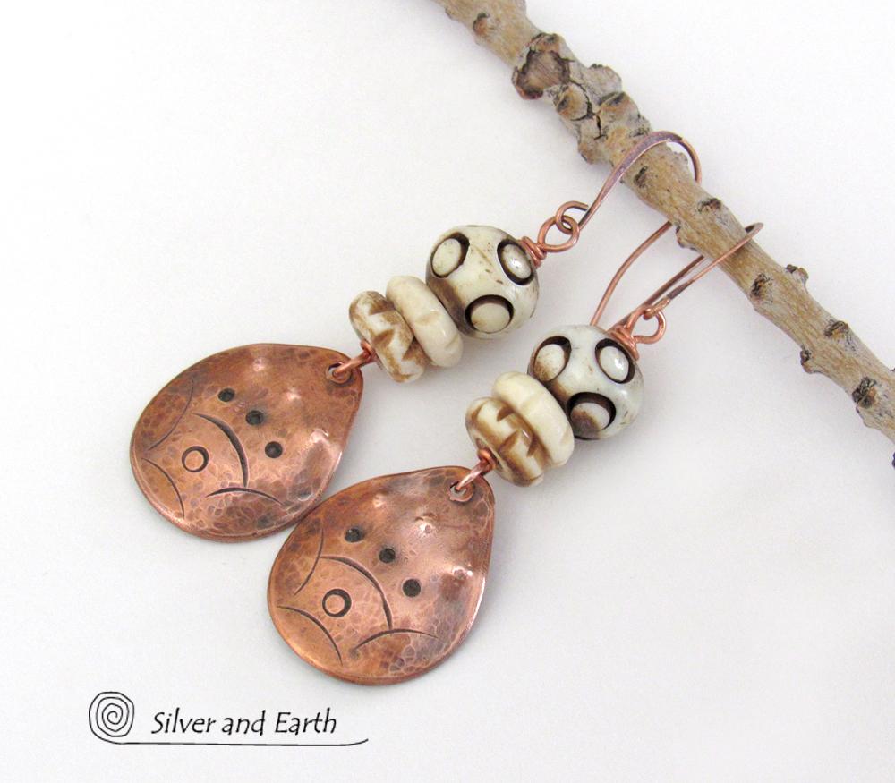 Copper Boho Earrings with Carved Bone - African Tribal Jewelry