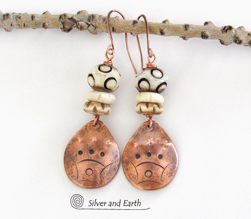Copper Boho Earrings with Carved Bone - African Tribal Jewelry