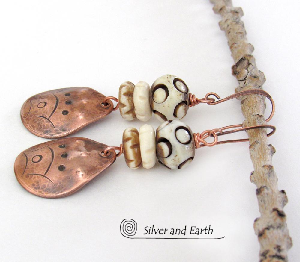 Copper Boho Earrings with Carved Bone - African Tribal Jewelry