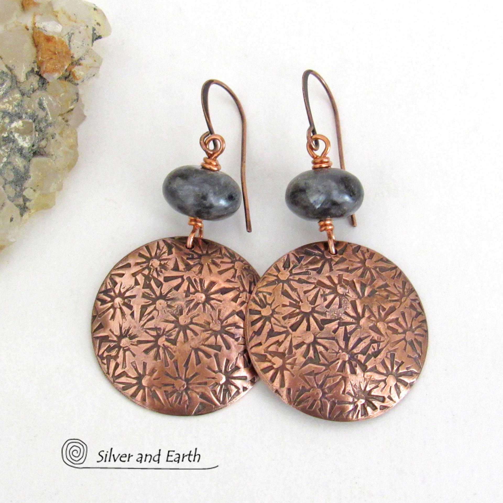 Hand Stamped Copper Earrings with Larvikite Gemstones - Black Labradorite Norwegian Moonstone Jewelry