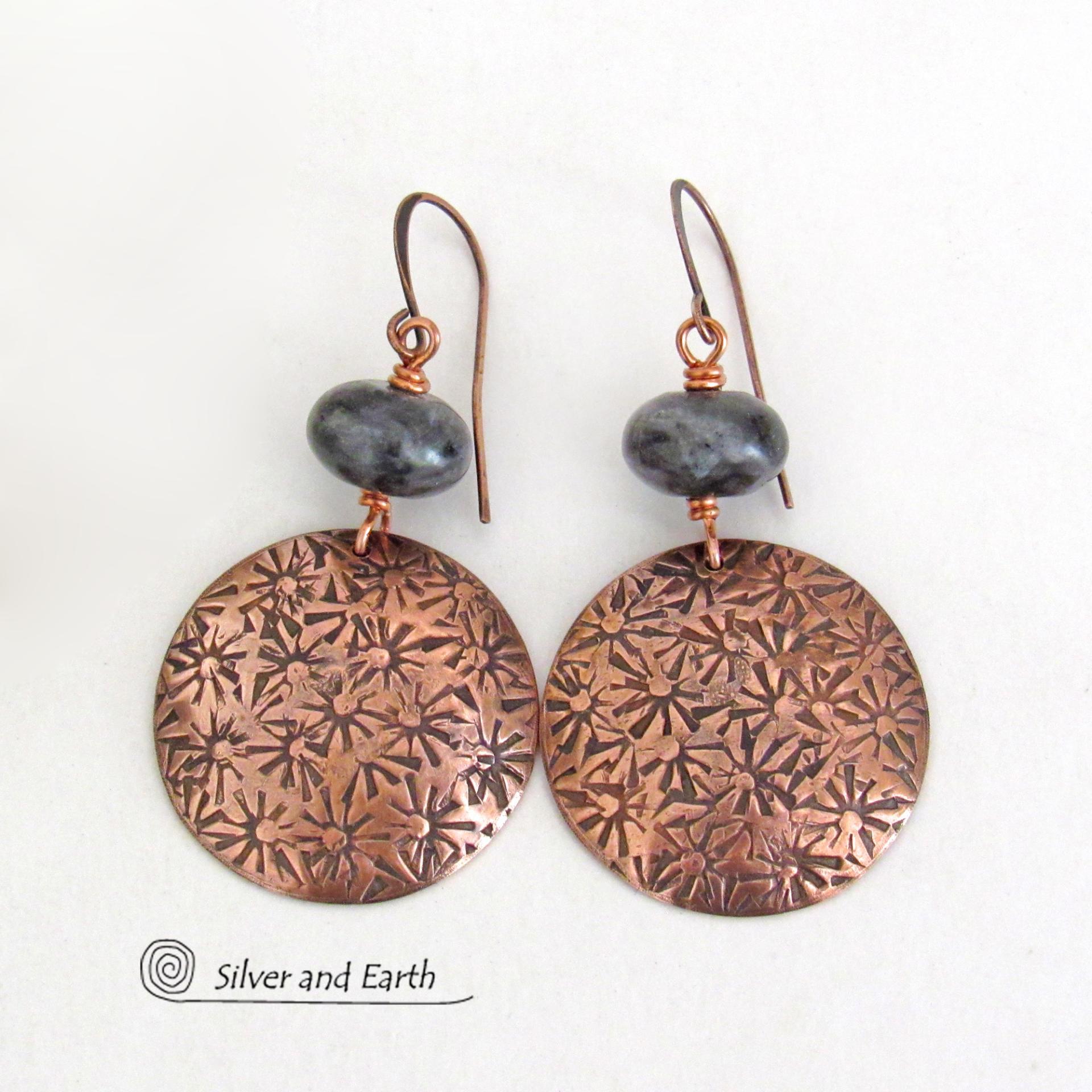 Hand Stamped Copper Earrings with Larvikite Gemstones - Black Labradorite Norwegian Moonstone Jewelry