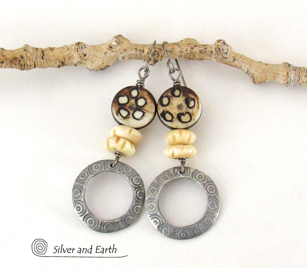 Hand Stamped Pewter Circle Hoop Earrings with African Bone Beads - Ethnic African Boho Tribal Jewelry