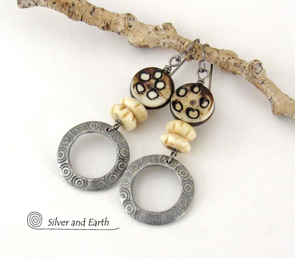 Hand Stamped Pewter Circle Hoop Earrings with African Bone Beads - Ethnic African Boho Tribal Jewelry