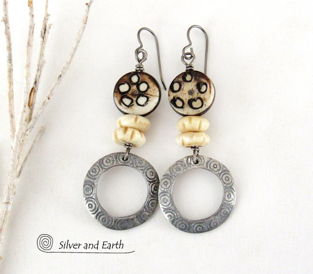 Hand Stamped Pewter Circle Hoop Earrings with African Bone Beads - Ethnic African Boho Tribal Jewelry