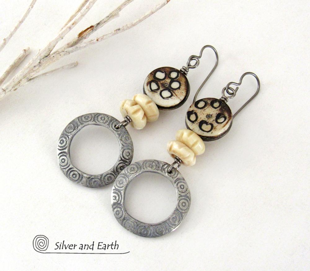 Hand Stamped Pewter Circle Hoop Earrings with African Bone Beads - Ethnic African Boho Tribal Jewelry