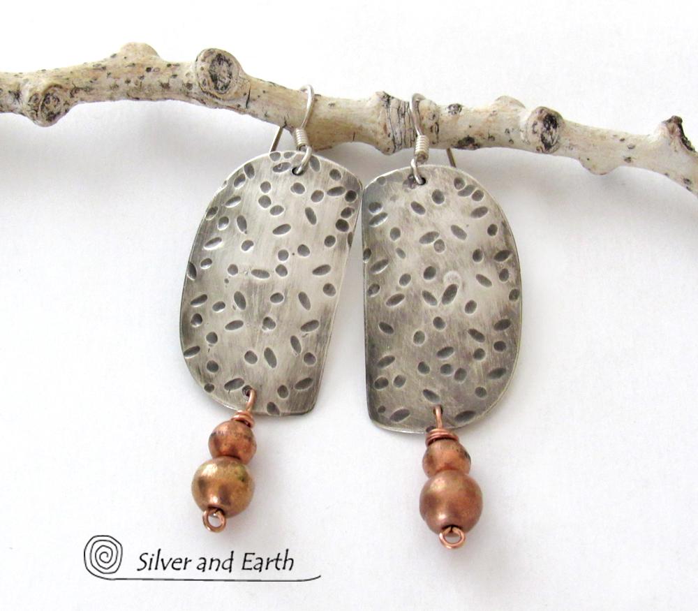 Hand Stamped Sterling Silver Earrings with Copper Beads - Rustic Modern Mixed Metal Jewelry