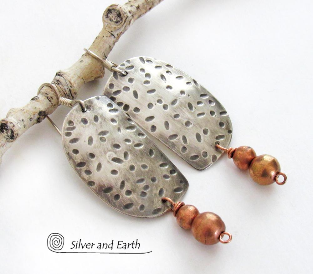 Hand Stamped Sterling Silver Earrings with Copper Beads - Rustic Modern Mixed Metal Jewelry