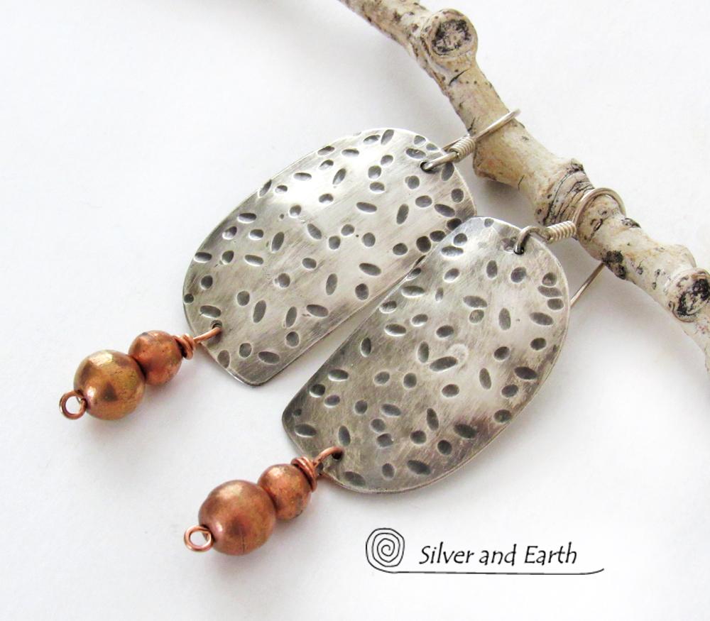 Hand Stamped Sterling Silver Earrings with Copper Beads - Rustic Modern Mixed Metal Jewelry