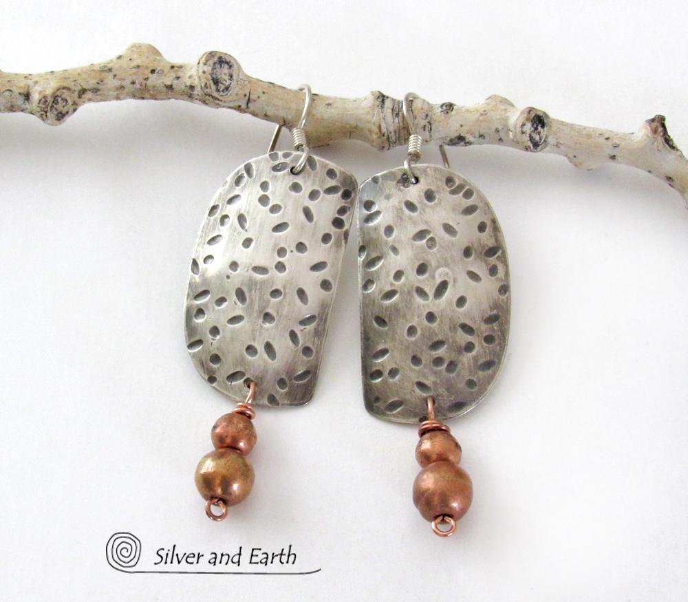 Hand Stamped Sterling Silver Earrings with Copper Beads - Rustic Modern Mixed Metal Jewelry